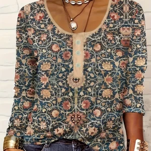 Autumn thin button ethnic print plus size women's long-sleeved T-shirt