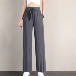 Special Offer plus Size Ice Silk Wide Leg Pants Women Summer Thin High Waist Drapey Loose Straight Casual Trousers