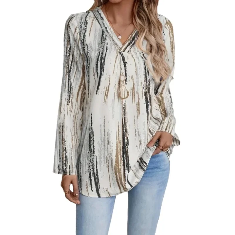 Plus Size Women's Casual New Casual V-neck Printed Fashionable Curved Hem Rolled Sleeve Shirt