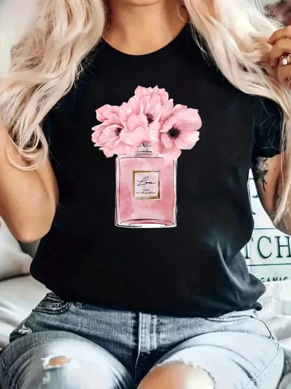 Pink bottle pink flower pattern round neck plus size women T-shirt short sleeve trend printing elastic half sleeve T-shirt