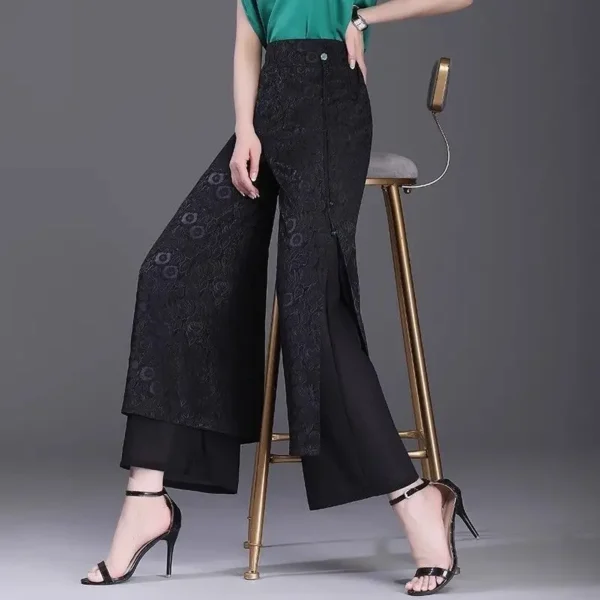High Waist Wide Leg Pants Women's Summer Thin Ice Silk Straight Cut Slimming Drapey Floral Embroidery Loose Fit Casual Trousers - Image 4