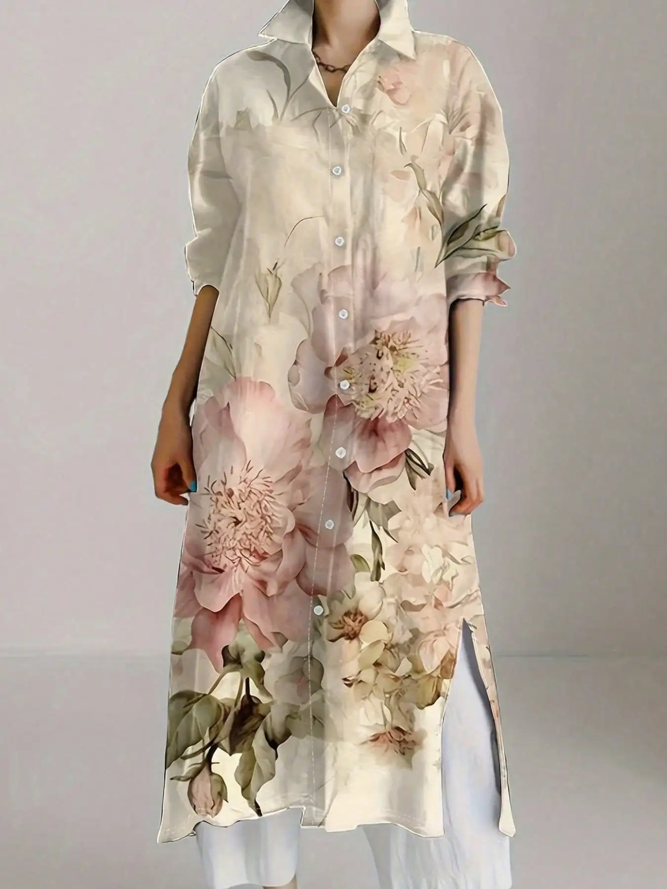 Plus Size Women's Retro Chic Floral Print Long Sleeve Shirt Dress