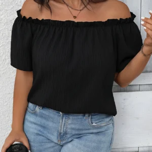 Plus Size Summer Women Elegant Shoulderless Shirt Casual Fashion Solid Tops Office Lady Curve Clothing