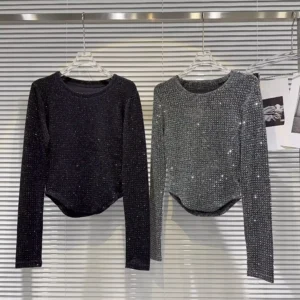 Fat people oversized wear 300 catties fashion rhinestone diamond bright silk curved edge women's long-sleeved T-shirt