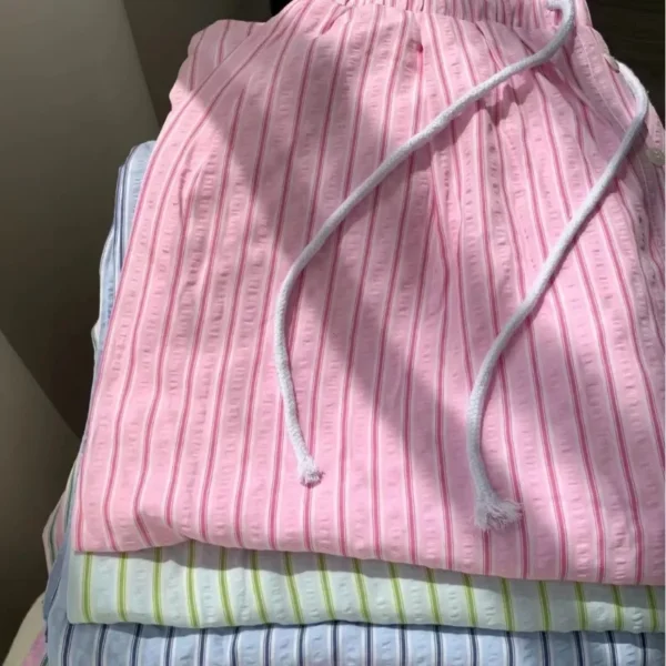 Korean Casual Striped Drawstring Straight Pant Y2k Women Loose Holiday Pants Perppy Sweet Pink High Waist Office Trousers - Image 4