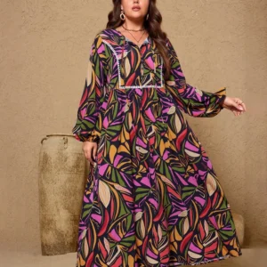 Plus Size 2025 Summer New Women Digital Printing Fashion Casual Dress Long Women Polyester Material Front Buttons