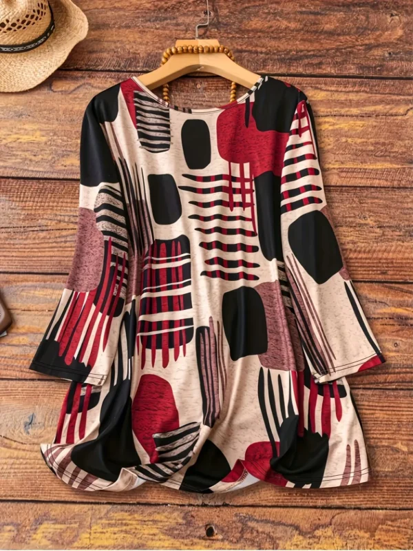 Plus Size Women's Abstract Print Loose Fit Long Sleeve T-Shirt - Round Neck Casual Top with Stretchy Fabric, Machine Washable fo