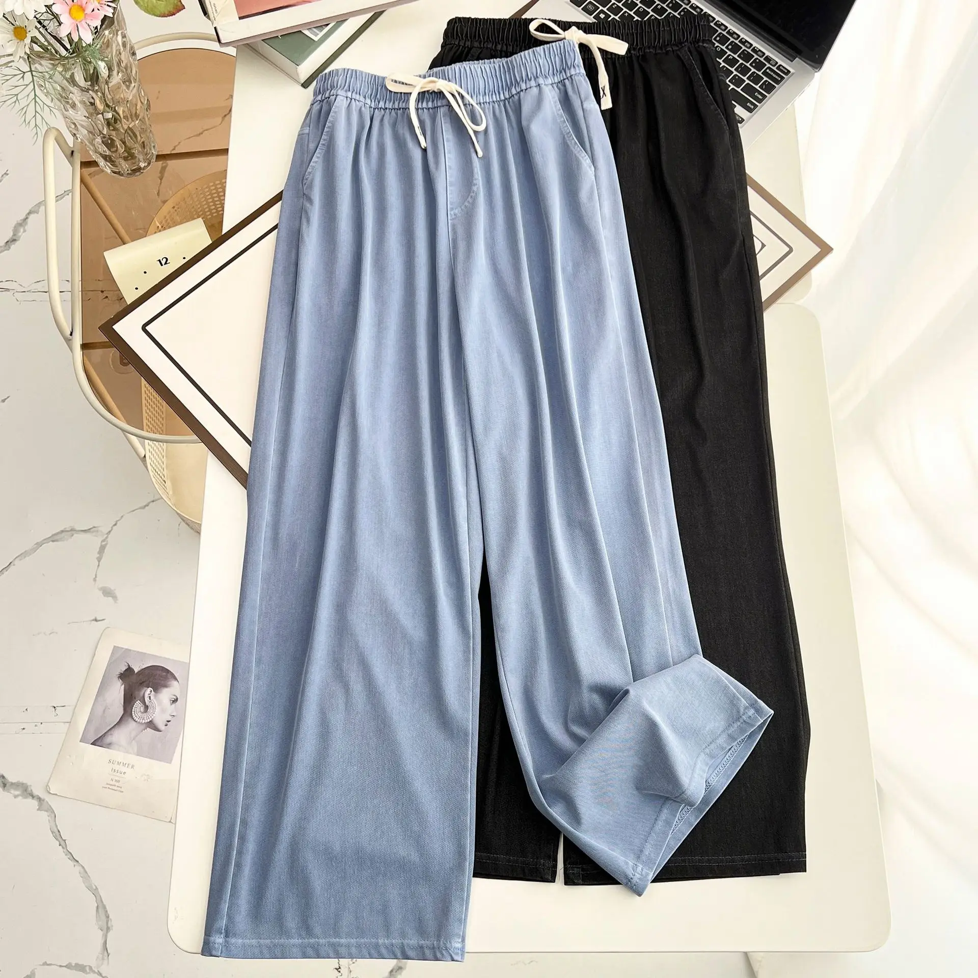 Women's Straight Jeans, Oversized Trousers, Curve Clothes, High Waist, Stretch, Lyocell Denim Pants, Plus Size, Summer - Image 2