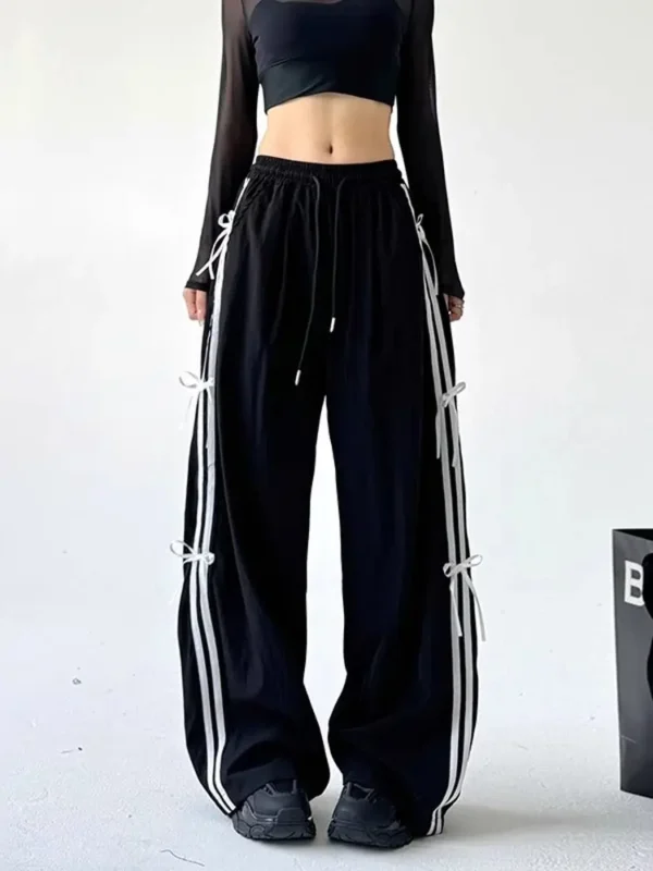 American Retro Side Stripe Knot Dstring Wide Leg Pants Women High Waist Casual Sports Trousers Workwear Straight... - Image 4