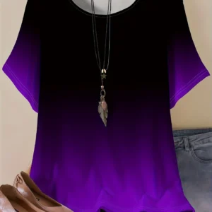 2025 Summer Women Large Size Elegant Gradient Printed T-shirt Round Neck Top Women Sports and Leisure T-shirt Quick Drying
