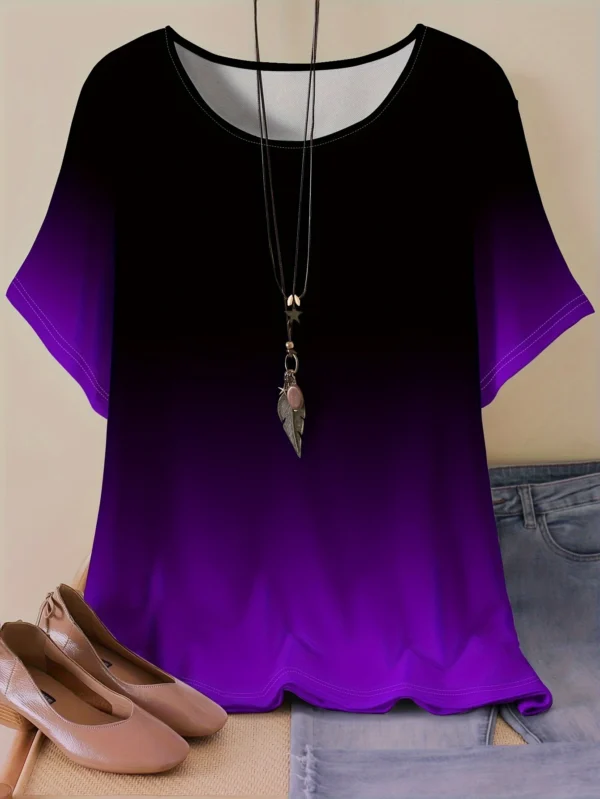 2025 Summer Women Large Size Elegant Gradient Printed T-shirt Round Neck Top Women Sports and Leisure T-shirt Quick Drying