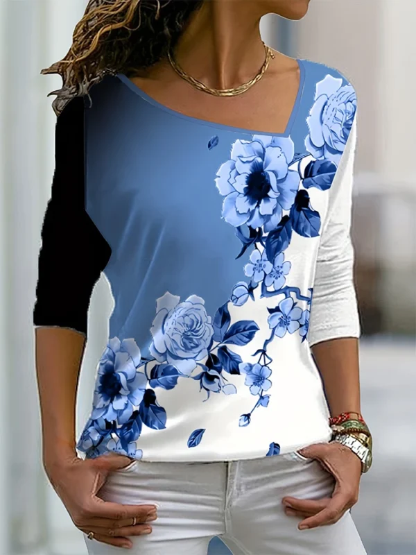Plus Size 2024 Summer New Women's Printed Pattern Slash Neck Long Sleeve T-Shirt Loose Casual Polyester 3XL-5XL