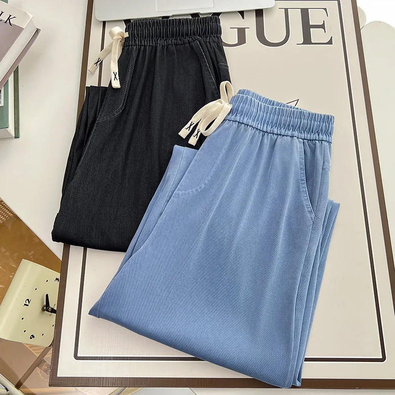 Women's Straight Jeans, Oversized Trousers, Curve Clothes, High Waist, Stretch, Lyocell Denim Pants, Plus Size, Summer - Image 6