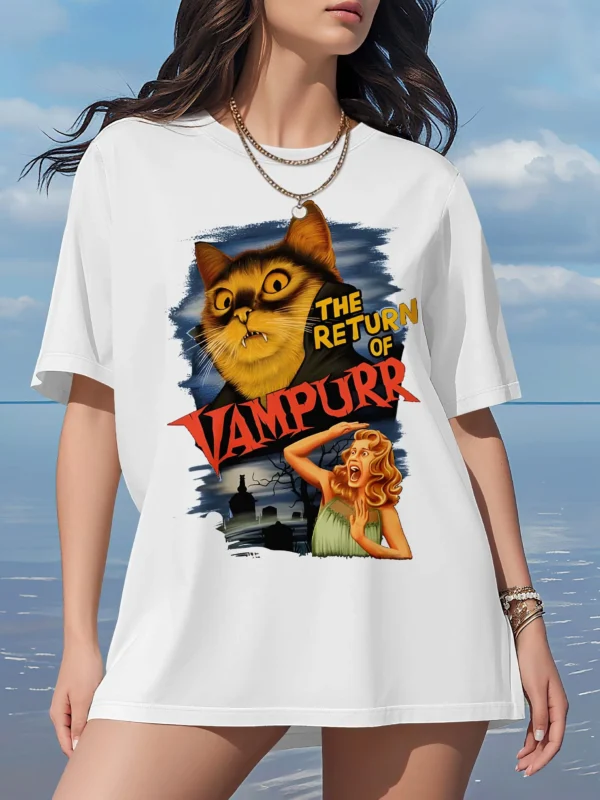 Plus Size Tops Women Clothes Summer Casual Short Sleeve Crew Neck “THE RETURN OF VAMPURR” Cat Vampire Poster Print T-Shirt - Image 2