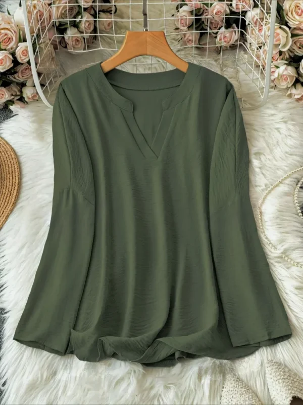 Plus Size Women's Casual Tops Loose Breathable Long Sleeve Stand Collar Female T-shirt Polyester Fashion Apparel V-neck Clothing - Image 3