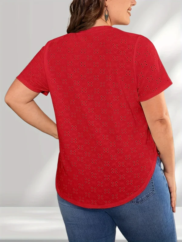 Fashion Women's Plus Size 1XL-5XL Hollow Short Sleeve T-shirt Casual Loose Button Detail Curved Hem T-shirt Round Neck T-shirt - Image 2