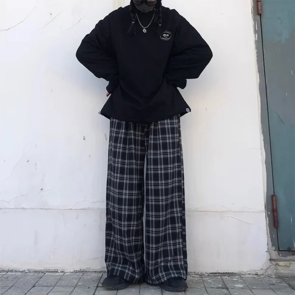 Oversize Pants Women Sweatpants Summer Fashion Black Plaid Casual Pants Elastic Waist Casual Pockets Student Unisex Trousers - Image 6