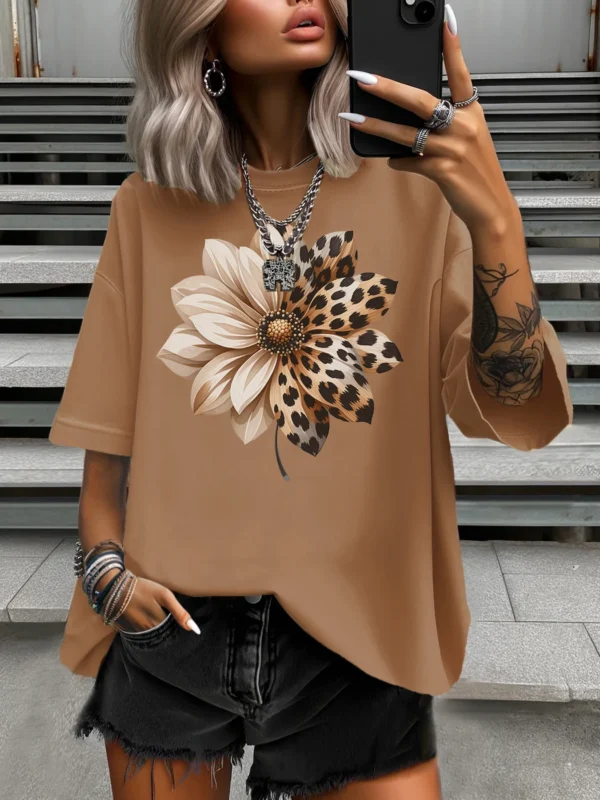 Summer Women's Plus Size T-Shirt Original Design Fashion Creativeful Flower Printed Women's Casual Round Neck Short Sleeved Tops