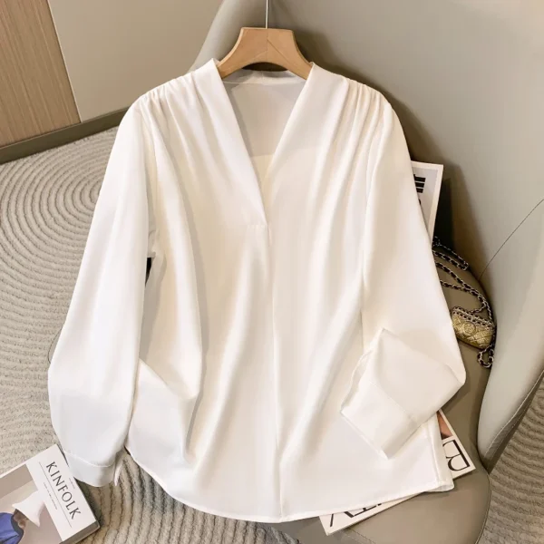 Big Size Women Shirts 2025 Spring Autumn Long Sleeve Office Lady V-Neck Solid Color Blouses Elegant and Youth Woman Tops - Image 2