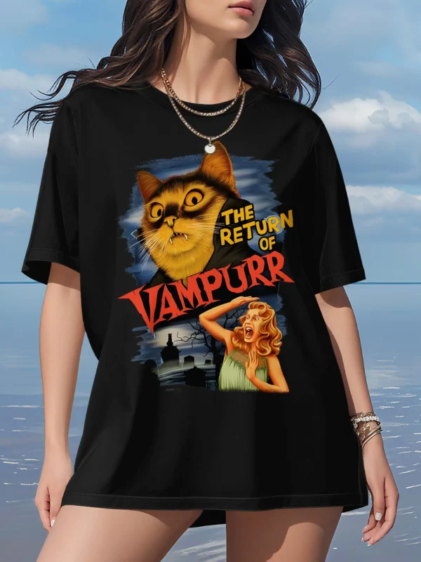 Plus Size Tops Women Clothes Summer Casual Short Sleeve Crew Neck “THE RETURN OF VAMPURR” Cat Vampire Poster Print T-Shirt