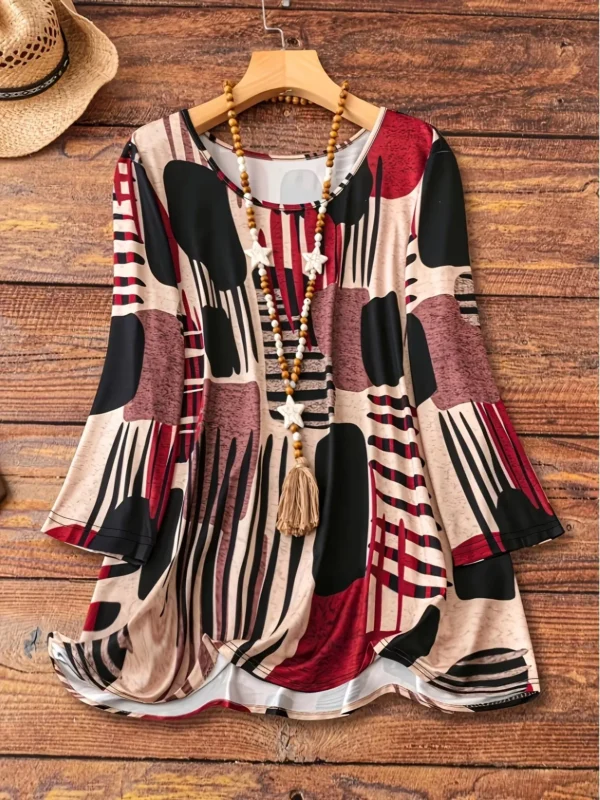 Plus Size Women's Abstract Print Loose Fit Long Sleeve T-Shirt - Round Neck Casual Top with Stretchy Fabric, Machine Washable fo - Image 4