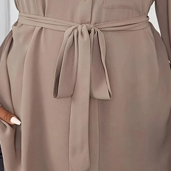 Plus Size Solid Belted Button Front Shirt, Elegant Curved Hem Long Sleeve Shirt For Spring & Fall, Women's Plus Size Clothing - Image 5