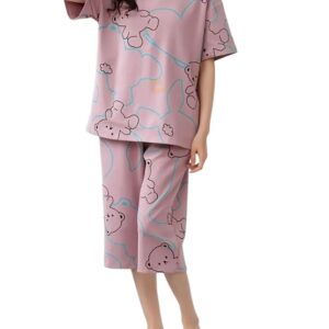 Lunza Women’s Cotton Pajama Set with Top & Pants|| Korean Night Suit|| Lightweight Printed Set || Soft & Comfy Sleepwear for Girls & Women (Lavendor, XL)