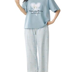 Louis Luxe Womens Korean Night Dress || Full Pyjama Set || Korean Nightsuit || Women Nightwear ||Round Neck Full Sleeve Nightsuit || Loungewear || Everyday Nightdress (ND-09-SKY-XL)