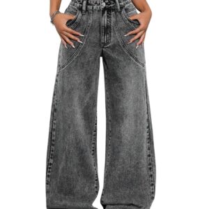 Women High Waist Wide Leg Cargo Denim Jeans
