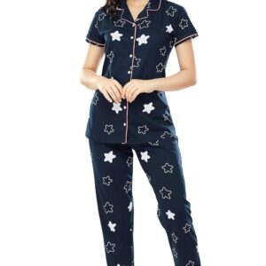 ZEYO Women's Cotton Star Printed Night Suit Set of Shirt & Pajama Set 5245 (Available in Plus Size)