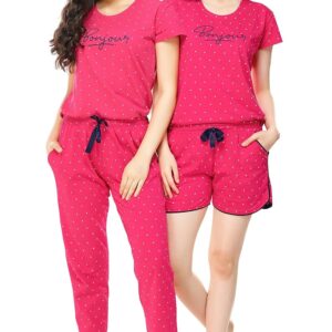 ZEYO Women's Cotton 3Pc'S Heart Printed Night Suit Pajama Set 5357