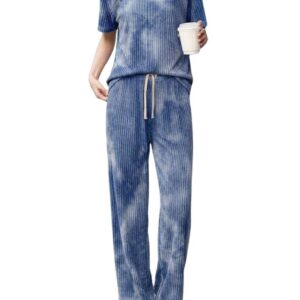 SMOWKLY Korean Night Dress |Summer wear | Lounge Wear |Everyday Pyjama Set |Tie-dye Relaxed Fit Stylish Pajama Sets | Short Sleeve Top & Long Pant Sleepwear Pjs Lounge Set Co-ords Outfit with Pockets
